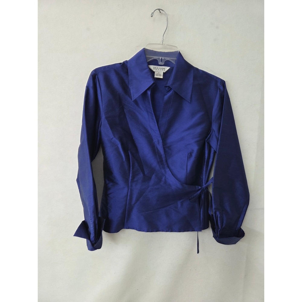 Allison Taylor Womens Royal Blue 100% Silk Wrap Blouse Long Sleeve Size 6